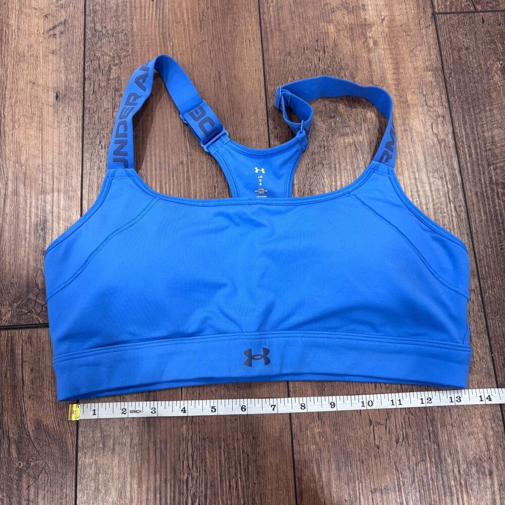 Under Armour Women's Large Fitted Sports Bra Blue Athletic Full Cover Logo Strap - Picture 6 of 7